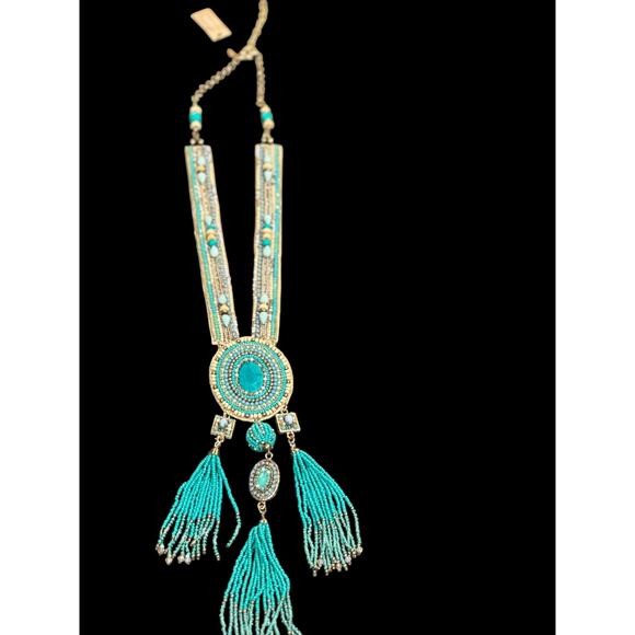 CHICO'S Boho Statement Necklace – Turquoise Fringe Tribal Beaded Medallion - Picture 8 of 13